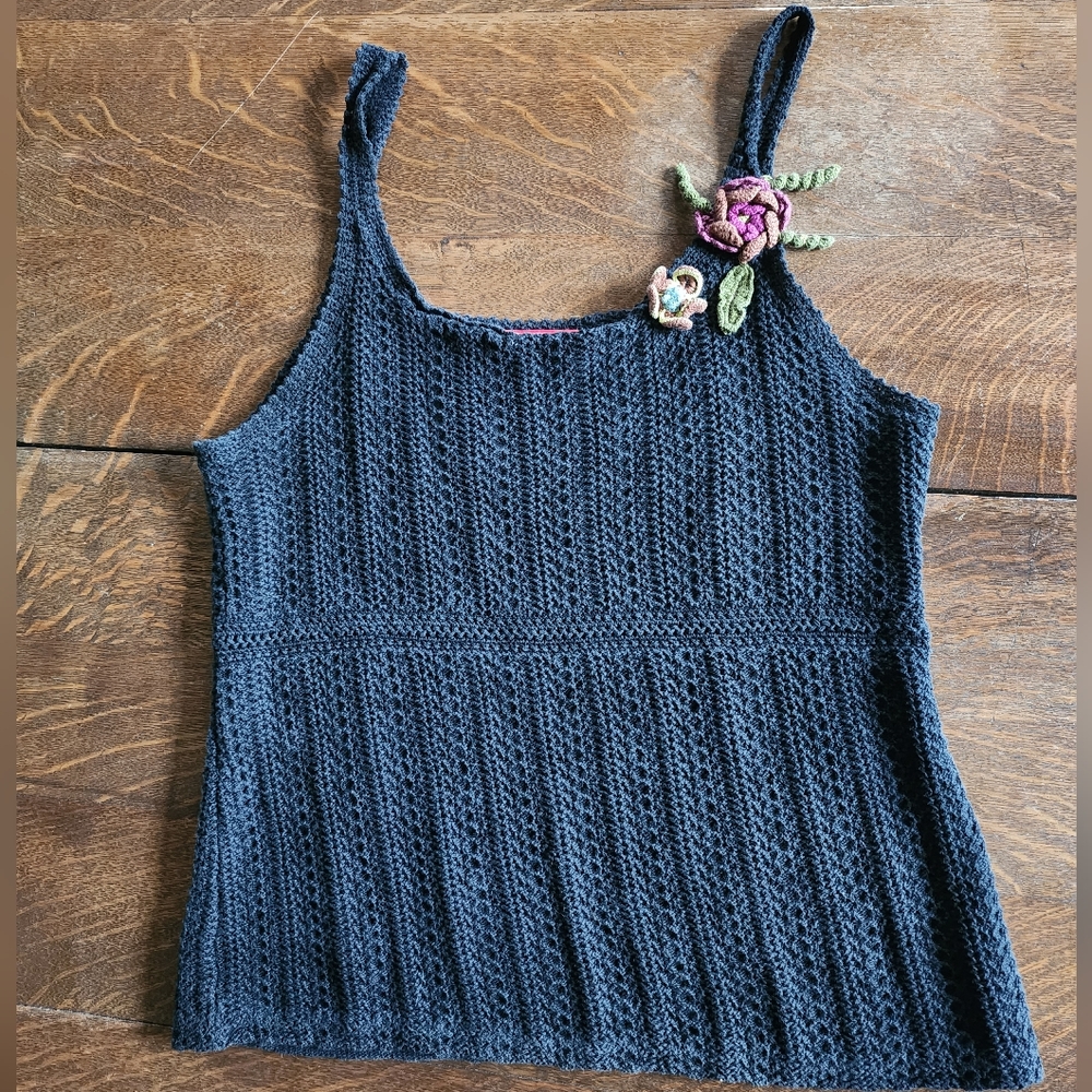Vintage Knittsd Tank Top Pima Cotton Large Bear Threads Boho Hippie Flowers